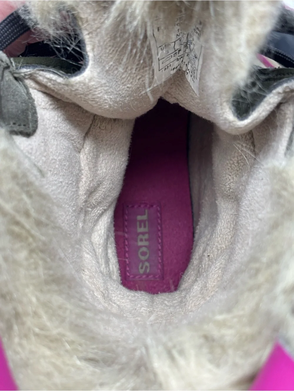 Sorel Tofino Lace Up Tall Winter Boots Girls Insulated Green Suede Faux Fur Pink